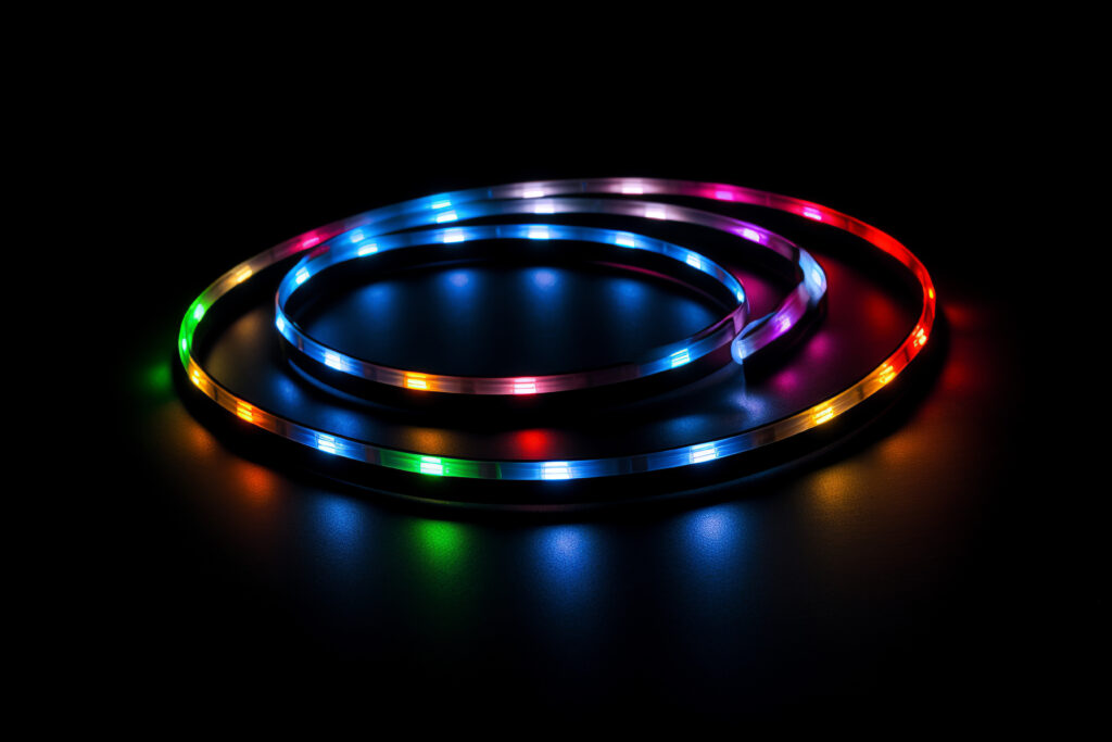 6 colorful led strips form a circle on black background, Generat