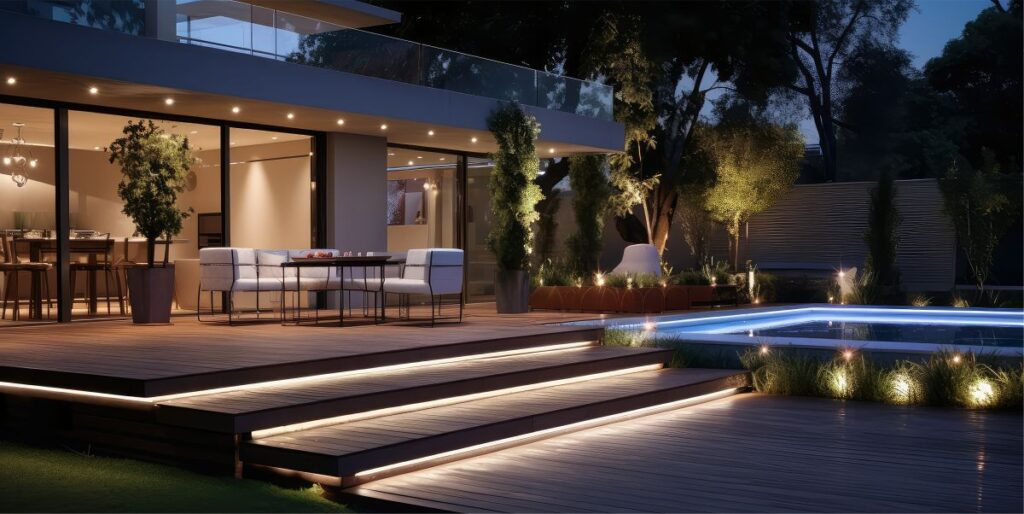 Installation moderner LED Außenbeleuchtung an einem Bungalow.