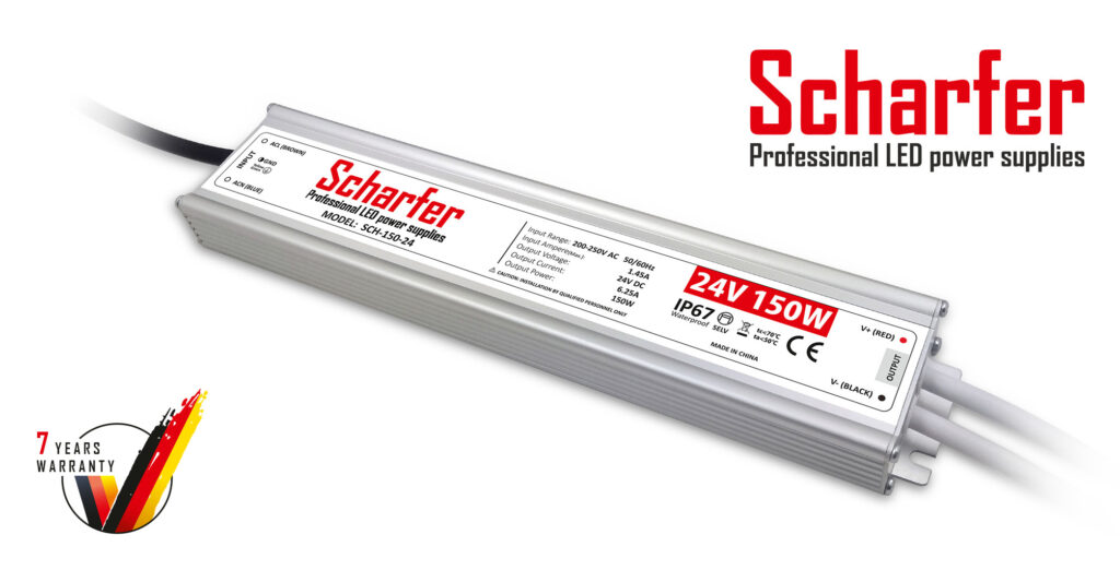 Kraftvoller 24V LED Trafo 150W mit minimaler Wärmeentwicklung, effizient für gewerbliche Lichtlösungen und feuchte Umgebungen.