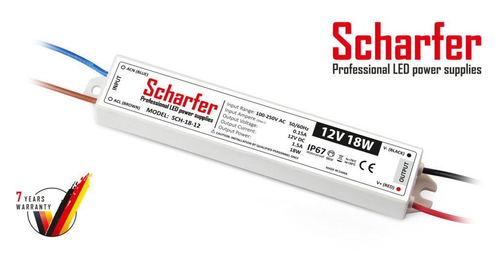 Scharfer LED Trafo 12V 18W – kompakter IP67-Trafo für kleine LED-Anwendungen in Innenräumen